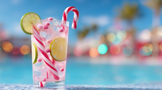 A refreshing glass of iced water garnished with lemon, lime, red berries, and candy canes, set against a colorful, blurred outdoor background. - Powered by Adobe