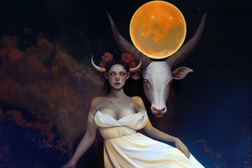 Illustration of a Beautiful Goddess Woman Posing with a Large Bull with Glowing Eyes, Orange Moon in Background