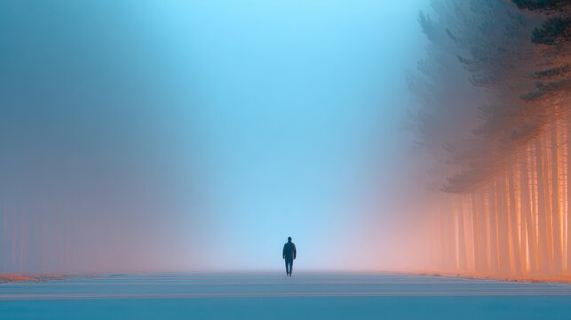 A lone person walks along a foggy road flanked by tall trees bathed in soft blue and orange light.