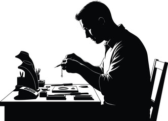 Jewelry making silhouette, black and white, artisan at desk, precision tools, display stand, craftsmanship, focused work, creative process, repair