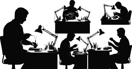 Laboratory work silhouette, black and white, scientific activity, desk setup, beakers, flasks, test tubes, focused research, chemistry, biology