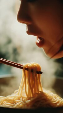 Close-up photo of lips slurping noodles