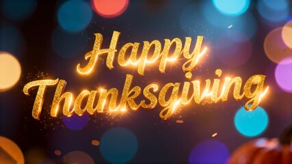 happy thanksgiving animated text drawing celebration gold lettering with colorful bokeh background perfect for holiday broadcast or seasonal greeting card - Powered by Adobe