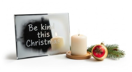 Frosted mirror with "Be kind this Christmas" message next to candle and Christmas ornament on white background
