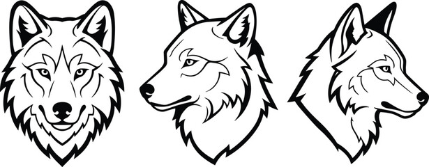 Wolf head illustration, black and white, stylized animal design, graphic tattoo art, symmetrical face, side profile, bold lines, intense eyes