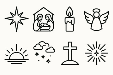 Sacred Christmas Icons. Divine Christmas Symbol outline icon set: brilliant star, nativity scene, candle flame, angel wings, horizon glow, night clouds, cross, light burst.