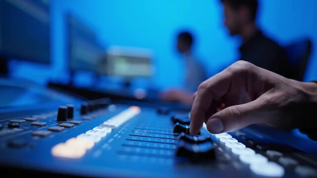 Green Screen selective focus of male sound engineer s hand sliding the button on control equipment working next to other staff in editing zone behind blue studio scene 1 with distortion, overlay