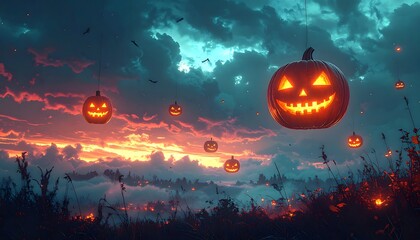 Spooky scene of glowing jack-o'-lanterns against a cloudy sunset sky