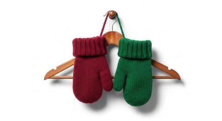 Two knitted mittens hanging on a wooden hanger instead of clothing on white background
