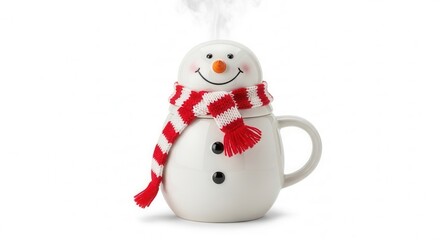 Snowman-shaped thermos mug with a lid and a scarf on white background