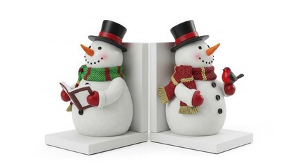 Bookends shaped like snowmen wearing hats and scarves on white background