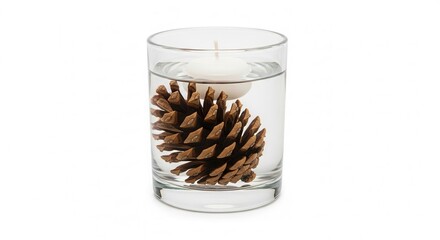 Candle with a miniature pine cone floating inside a glass holder on white background