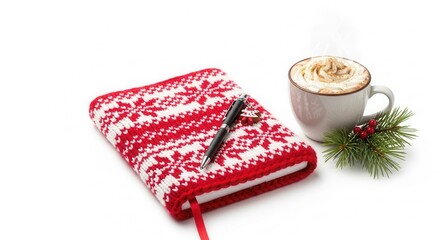 Notebook with a knitted sweater-style cover next to a cup of hot cocoa and a sprig of pine on white background
