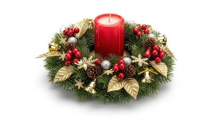 Candle centerpiece designed as a Christmas wreath with red candle, pine cones, and festive decorations on white background
