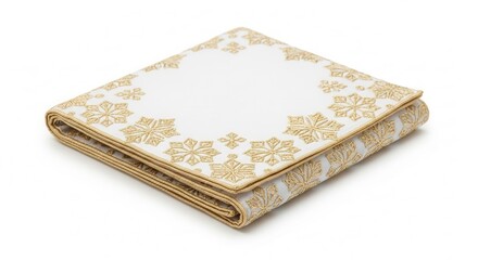 Eyeglass cleaner folded in the shape of a snowflake cloth with golden edges on white background