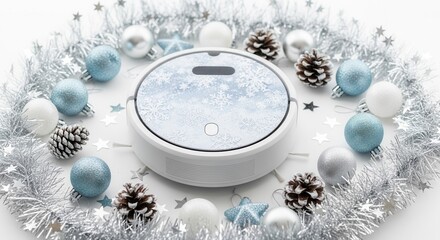 Christmas robot vacuum with festive decorations and winter atmosphere