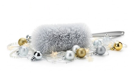 Fluffy duster surrounded by Christmas ornaments and decorations on white background
