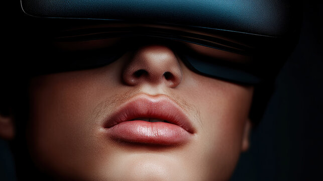 Close up of person wearing virtual reality headset, immersed in digital experience