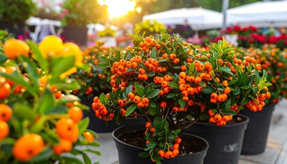 Lush potted orange berry bushes basking in golden sunlight