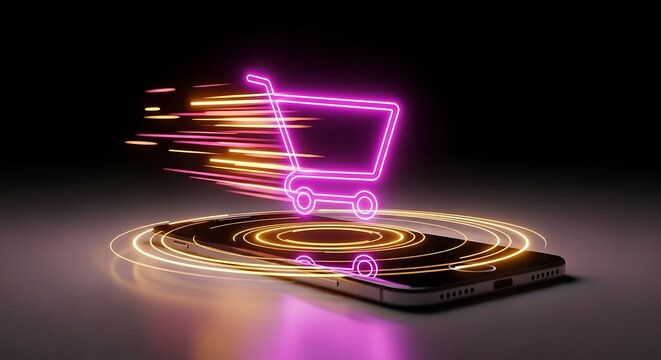 Shopping cart with neon effect on smartphone for online shopping concept - Powered by Adobe