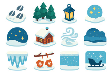 Whimsical Forest Icons. Whimsical snowy forest set modern flat icon set: reindeer tracks, pine trees, glowing lantern, starry sky, log cabin, snow swirl, icicle border, mittens on