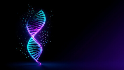 Abstract glowing neon dna helix structure with particles and light effects on a dark background representing genetic code and biotechnology