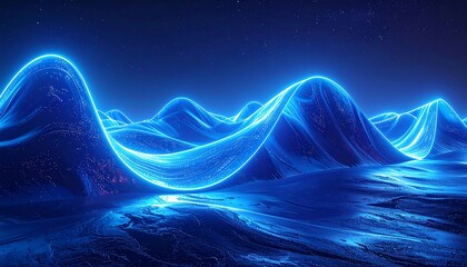 A stylized landscape featuring undulating, glowing blue waves traversing a textured, icy terrain under a starlit night sky