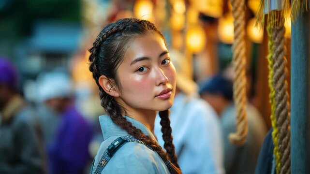 女性が夕方の神輿行列で子どもを先導し、安全確認で振り向く