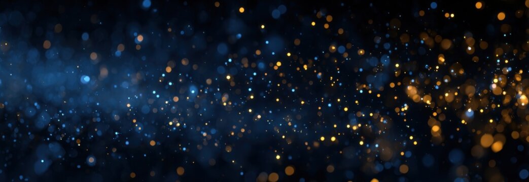 Dark navy background with scattered blue and golden bokeh lights, shimmering particles, and soft glowing orbs. Cool cyan highlights blend with warm amber tones for festive, futuristic, or elegant desi