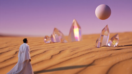A lone figure in a flowing white robe stands on a sand dune gazing at a surreal desert landscape with crystalline structures and a floating orb under a purple sky
