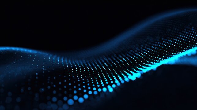 A dynamic abstract wave composed of glowing blue dots on a dark background, representing digital innovation and creativity.