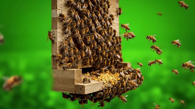 Green Screen custer of bees hardworking honeybee swarm in apiary honeybees fly on background honey bee hive with natural pollen and propolis beekeeping apiarist concept flying scene 1 distortion