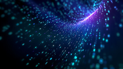 Abstract swirling vortex of glowing blue and purple particles against a dark background representing energy motion and cosmic phenomena with a sense of depth and mystery