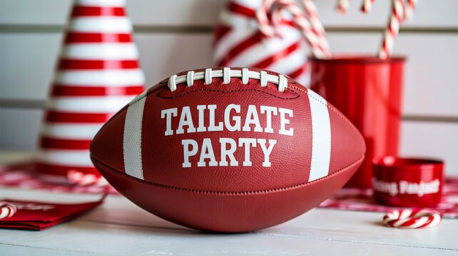 American football with tailgate party text surrounded by red decorations for sports event and game day celebration
