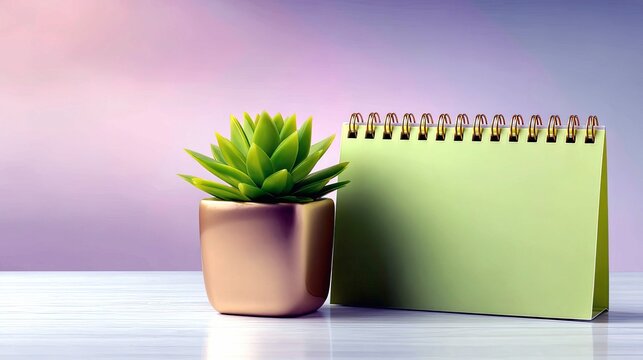 A green desk calendar with a spiral binding sits next to a small succulent plant in a copper pot, set against a soft gradient background.