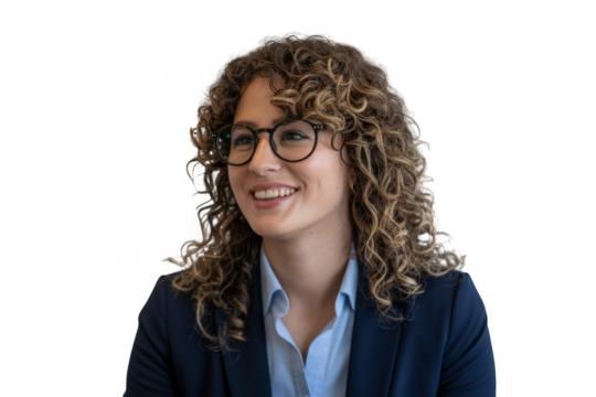 Smiling woman with curly hair and glasses isolated on transparent background