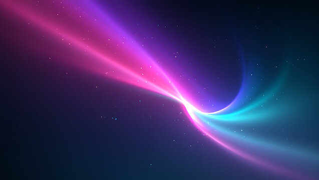 Abstract swirling light streaks of vibrant pink purple and cyan blue illuminate a dark background creating a dynamic and energetic visual effect with subtle glowing particles