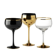 Elegant collection of three stemmed cocktail glasses in black gold and clear with metallic rims on black background