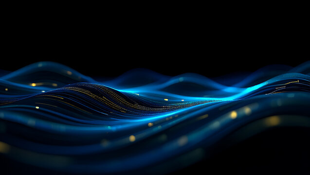 Abstract glowing blue digital waves and particles flow across a dark background representing data transmission and futuristic technology concepts