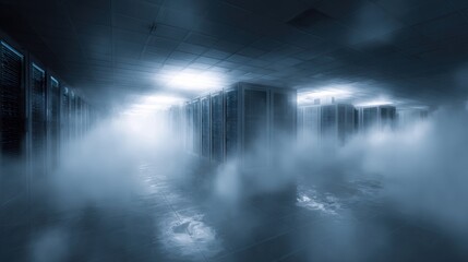 A futuristic server room shrouded in mist and illuminated by eerie blue lights.