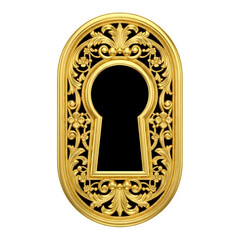 Ornate antique golden keyhole escutcheon with intricate filigree and floral patterns on black background