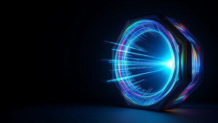 A vibrant blue and purple glowing portal or vortex emanates bright light and energy from its center against a dark background suggesting science fiction or fantasy