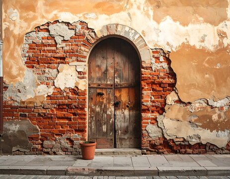 Architectural fragment weathered wall with arched wooden door and terracotta pot