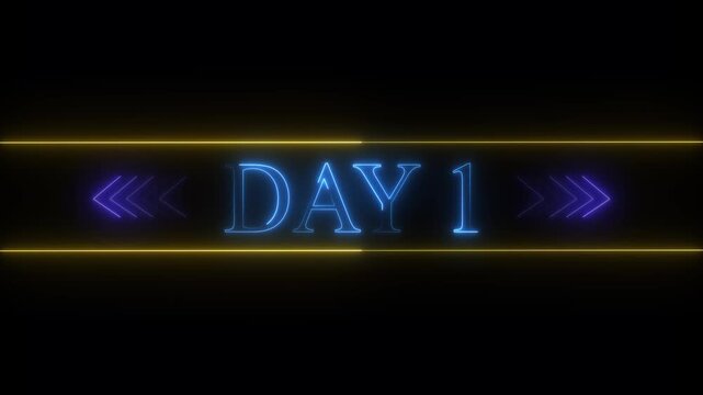 Neon Glowing DAY1 Text with Yellow and Purple Arrows on Black Background day 1 light