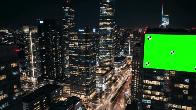 Green Screen aerial top view of skyscrapers and build board with tracking point bird modern city at night streets scene 1 distortion, overlay, glitch, static noise, scan lines on black background, 4k