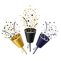 Three party poppers exploding with golden and silver confetti and streamers against a black background