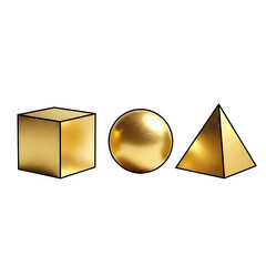 Three golden geometric shapes cube sphere and pyramid isolated on a black background