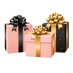 Elegant collection of three gift boxes with luxurious gold and black ribbons and bows on a black background