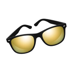 Stylish black framed sunglasses with mirrored golden yellow lenses on a black background