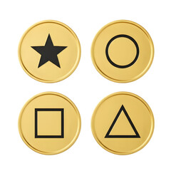 Four golden coins with geometric shapes including a star circle square and triangle in a dark background